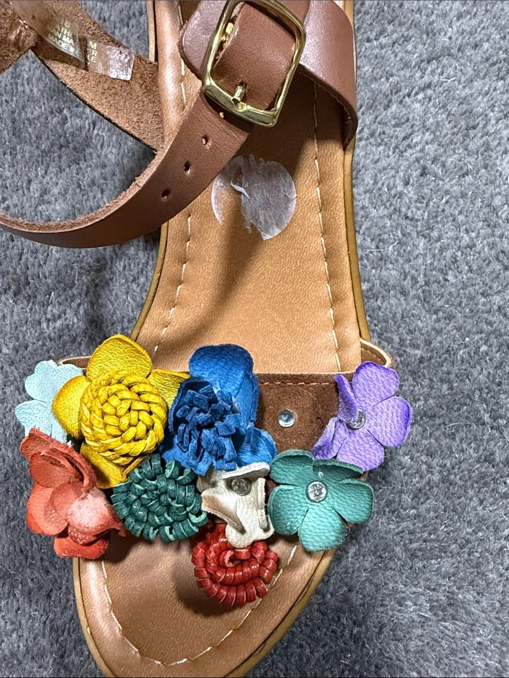Tan Leather Sandals with Multicolor Floral Appliqués